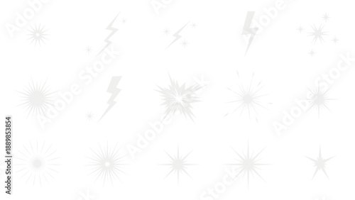 A serene illustration of abstract star shapes and lightning bolts on a clean white background from a straightforward viewpoint