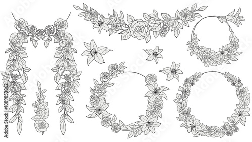 A collection of delicate floral wreaths and garlands in various shapes and sizes, drawn in black and white line art.