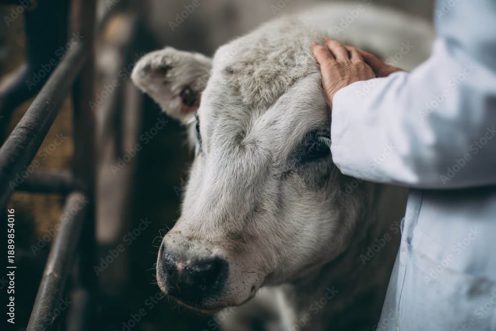 Fototapeta premium Veterinarian Checks Health of Livestock on Farm in Rural Area During Daylight Hours