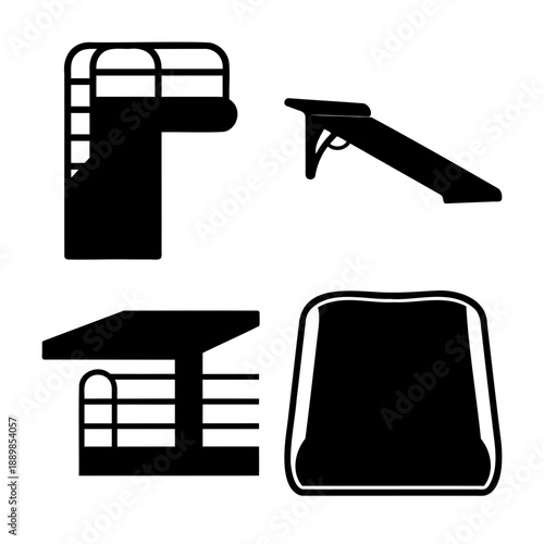 Diverse swimming pool equipment and diving apparatus silhouettes for aquatic sports icons