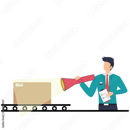 Flat vector style illustration of quality control manager scanning product with checklist flashlight to detect compliance errors stock illustration