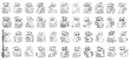 Retro Raccoon Illustrations Bundle, Vintage Style Raccoons in Sunhats