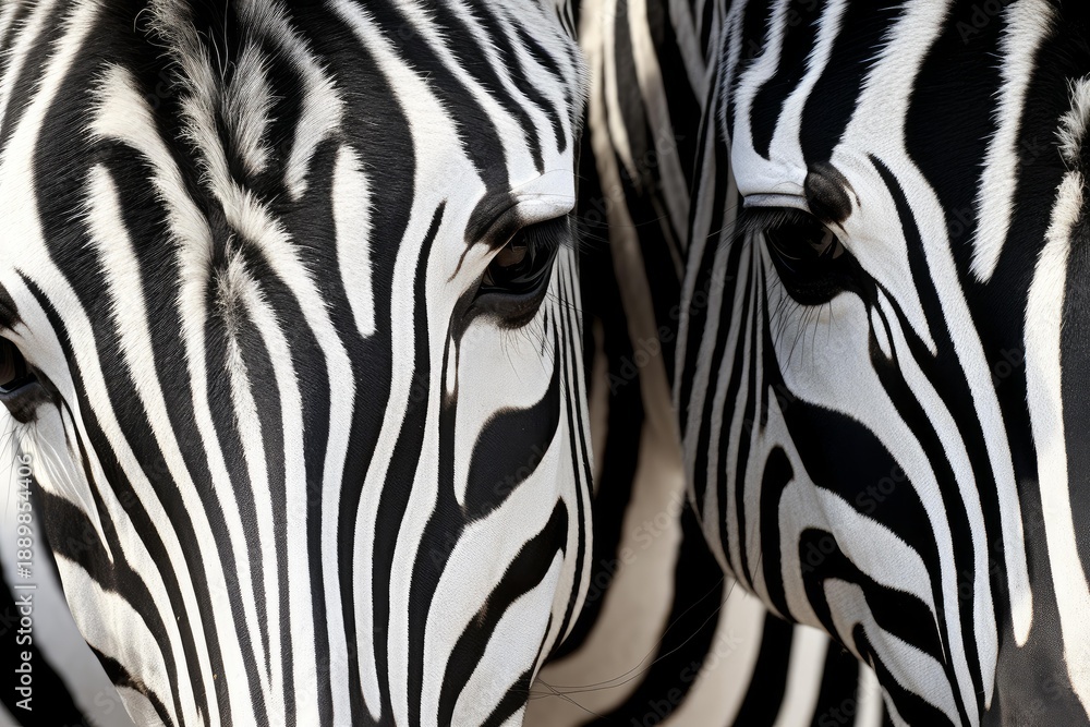 Naklejka premium Zebras facing forward with patterned black and white fur, creating an abstract visual
