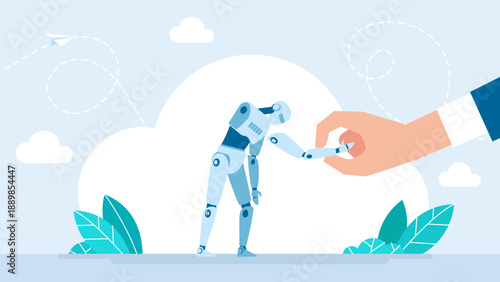 Cyborg with errors and mistakes. Repairman. Broken robot. System malfunction, broken assistant, short circuit. Chatbot error service. Broken robot and engineer ready to repair. Vector illustration