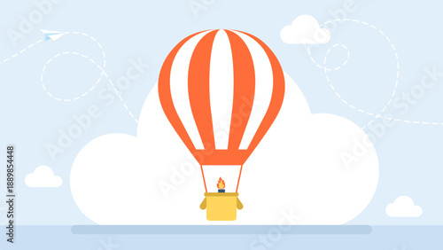 Striped simple aerostat isolate on white background. Hot air balloon silhouette Icon. Striped balloon with Basket. Colorful hot air balloons flat travel and adventure. Vector illustration