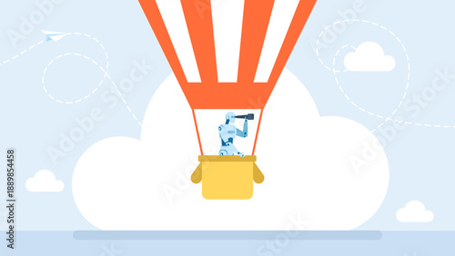 Robot with monocular, ride hot air balloon. AI Explorer with Telescope in Hot Air Balloon. Modern robotics artificial intelligence technology. Electronic technology industry. Vector illustration