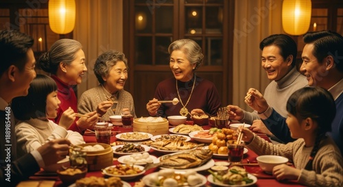 Generational family members happily share a traditional holiday feast together around a brightly lit dining table