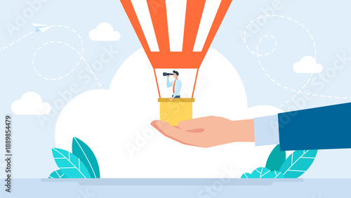 Explorer with telescope in hot air balloon. Business man on hot air balloon looking through a spyglass in the sky. People looking for ways to profit and succeed at work. Vector illustration