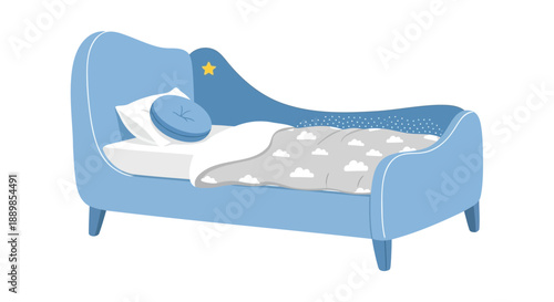 Cozy blue toddler bed with alarm clock and cloud blanket