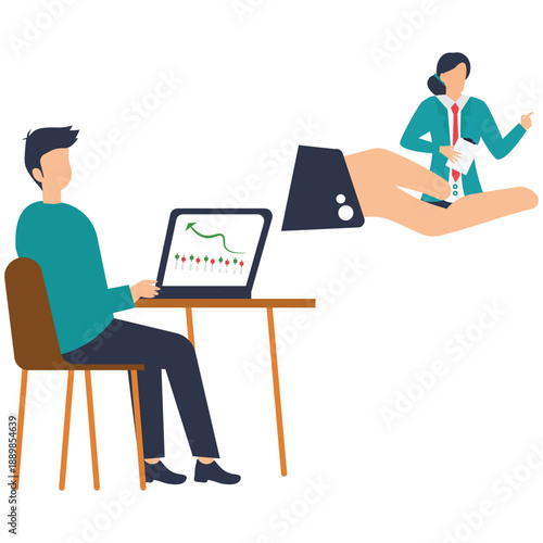 Flat vector style illustration of staff providing online assistance to client with laptop and digital hand support for customer help stock illustration