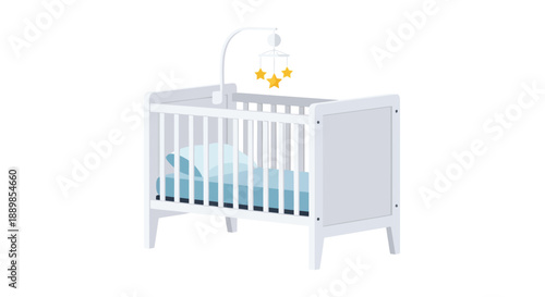 Modern white baby crib with blue bedding and star mobile