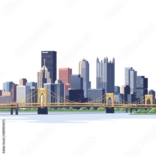 Cityscape skyline with bridge and skyscrapers over water, modern urban landscape