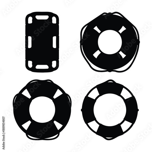 Essential water safety and emergency rescue equipment icons for immediate aid