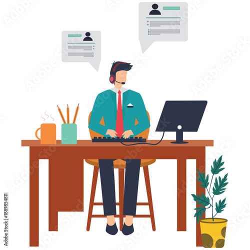 Flat vector style illustration of consultant assisting clients with headset and chat interface at office desk in customer support service stock illustration