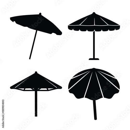 Set of various sunshade icons depicting different styles of beach and patio umbrellas