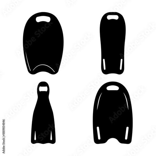 Abstract black silhouettes of bodyboards, skimboards, and swimming fin designs