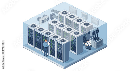 Isometric illustration of a man working among computer servers in a data center with a futuristic and technological mood