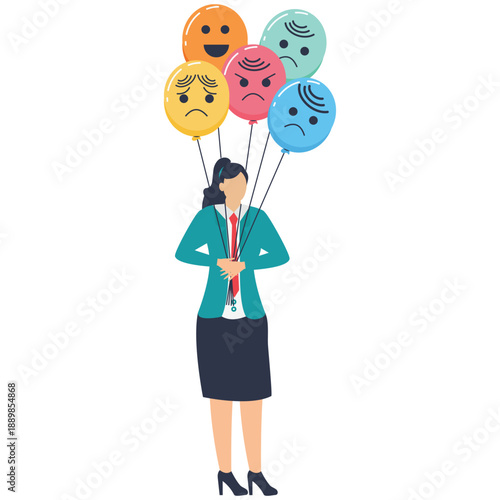 Flat vector style illustration of businesswoman holding balloons with different facial expressions symbolizing emotional diversity mood swings and mental health awareness stock illustration