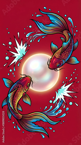 A full-bleed, joyful illustration for a festive red envelope. A scene of two playful carps jumping towards a central pearl, with water splashes and bubbles. Style is flat illustration with clean shape