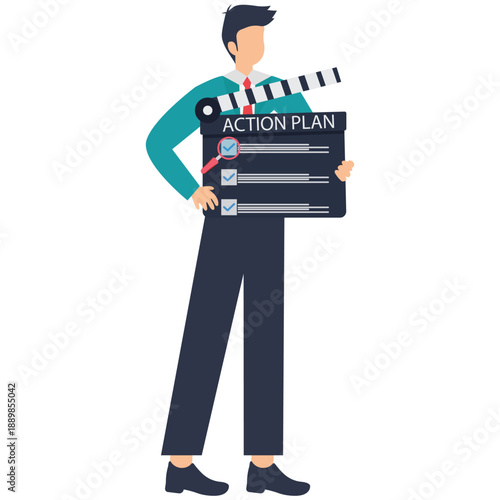 Flat vector style illustration of businessman with action plan clapperboard checklist strategic planning execution productivity and workflow management in business projects stock illustration