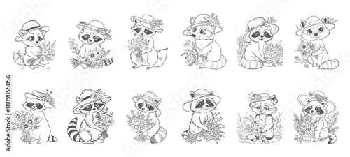 Retro Raccoon Illustrations Bundle, Vintage Style Raccoons in Sunhats