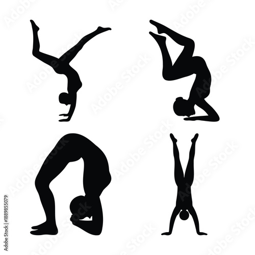 Various challenging yoga and acrobatic poses demonstrating strength and balance