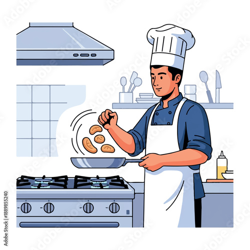 A professional chef in a white apron expertly flipping food in a pan on a gas stove in a modern kitchen with a clean and organized layout.