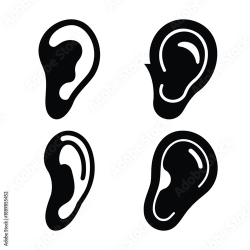Collection of stylized human ear icons representing hearing, sound, and sensory perception