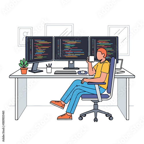 A professional man in a yellow shirt sits at a desk with multiple computer monitors, working in a professional setting with coding screens and office supplies, conveying a productive mood.