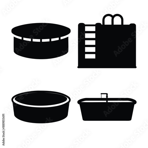 Collection of diverse pool and bath icons illustrating various water leisure and hygiene vessels