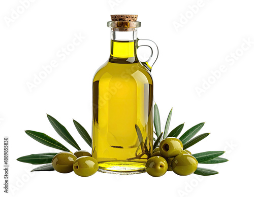 Clear glass bottle of golden liquid and green olives on black background