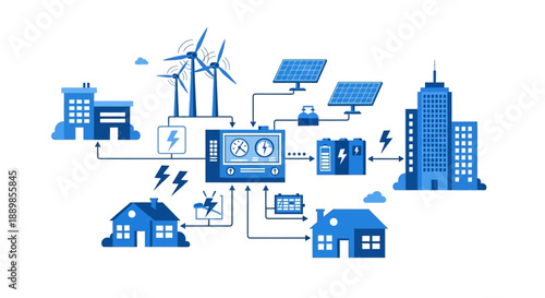 Infographic illustration of renewable energy sources powering homes and businesses
