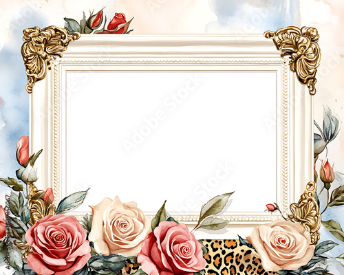 Ornate vintage frame adorned with lush roses and golden accents, perfect for elegant memories.