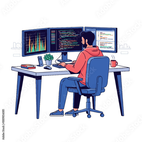 A professional man in a casual outfit working on a computer with multiple screens at a desk in a modern workspace with a productive mood.