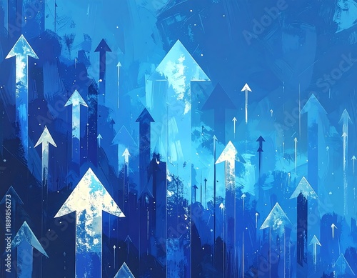 A blue-tinted cityscape with numerous white and black arrows pointing upwards