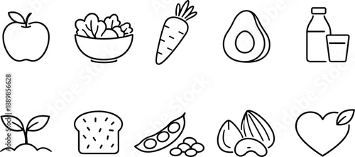 Set of black line icons representing kitchen tools and cooking utensils including chef hat, spatula, cutting board, whisk bowl, knife, measuring cup, rolling pin, frying pan, salt and pepper shakers, 