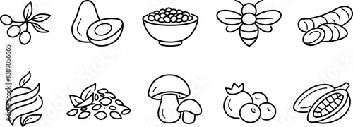 Set of black line icons representing kitchen tools and cooking utensils including chef hat, spatula, cutting board, whisk bowl, knife, measuring cup, rolling pin, frying pan, salt and pepper shakers, 