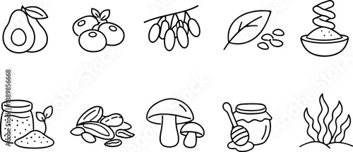 Set of black line icons representing kitchen tools and cooking utensils including chef hat, spatula, cutting board, whisk bowl, knife, measuring cup, rolling pin, frying pan, salt and pepper shakers, 