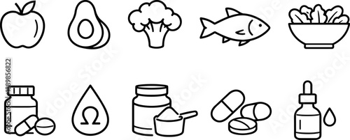 Set of black line icons representing kitchen tools and cooking utensils including chef hat, spatula, cutting board, whisk bowl, knife, measuring cup, rolling pin, frying pan, salt and pepper shakers, 