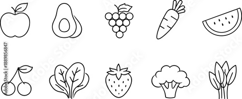 Set of black line icons representing kitchen tools and cooking utensils including chef hat, spatula, cutting board, whisk bowl, knife, measuring cup, rolling pin, frying pan, salt and pepper shakers, 