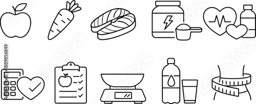 Set of black line icons representing kitchen tools and cooking utensils including chef hat, spatula, cutting board, whisk bowl, knife, measuring cup, rolling pin, frying pan, salt and pepper shakers, 