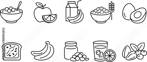 Set of black line icons representing kitchen tools and cooking utensils including chef hat, spatula, cutting board, whisk bowl, knife, measuring cup, rolling pin, frying pan, salt and pepper shakers, 