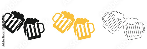 Two foaming beer mugs  Icons in Different Styles. Set of beer mug icons in black, orange, and outline styles, showing clinking glasses symbolizing celebration, pub culture, and Oktoberfest themes.

