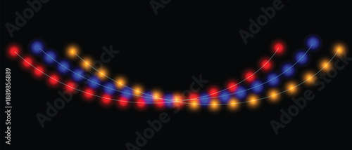 Blurred golden, red, blue lights forming a decorative arc against a dark background, creating a festive glow