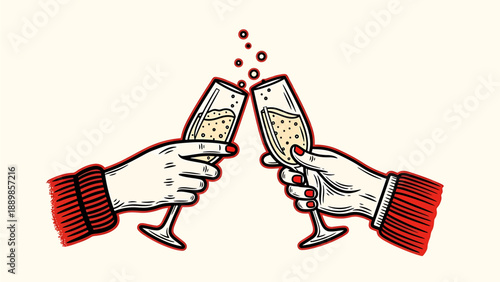 Festive Celebration Toast Two Hands Clinking Champagne Flutes with Sparkling Bubbles, Symbolizing Joyful Occasions and New Beginnings