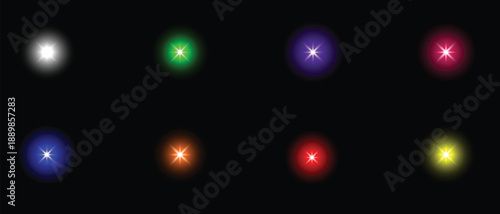 Glowing glint and glare light effects set - bright multicolored star sparkles, shining golden sunburst, radiant purple flares, green, red, orange luminous blue light beams on vector illustration