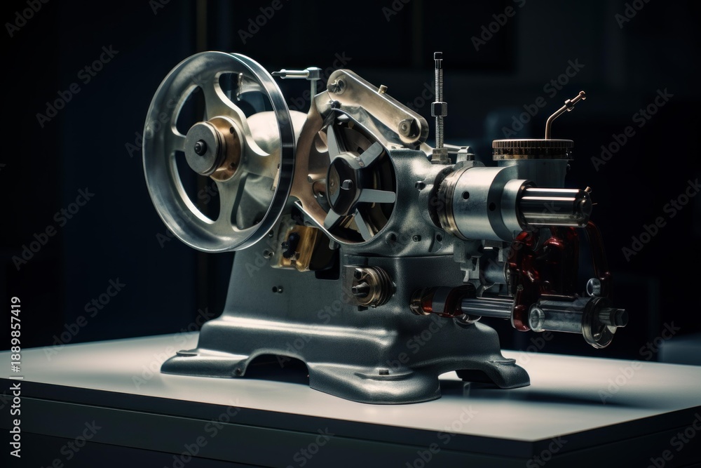 Fototapeta premium Intricate vintage engine model with gears and pistons showcasing mechanical precision on a dark background