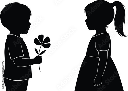 Boy giving flower to girl silhouette childhood love innocence black vector illustration isolated on white background sweet friendship concept design