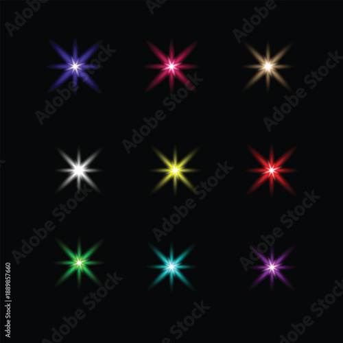 Glowing glint and glare light effects set - bright multicolored star sparkles bright star bursts, shimmering sparkles, radiant lens flares, neon circular halos, luminous beams on vector illustration