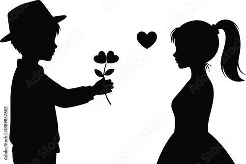 Boy giving heart shaped flowers to girl silhouette childhood love innocence black vector illustration isolated on white background sweet romantic concept